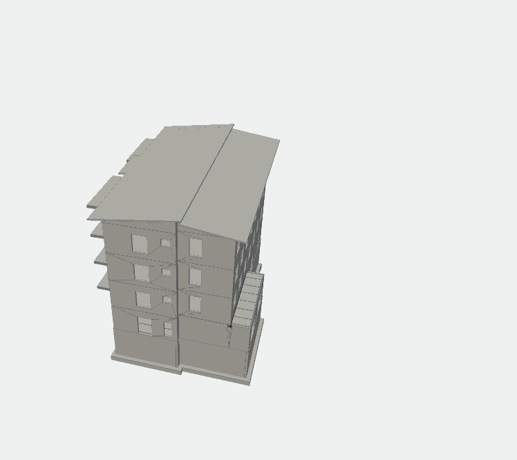 The same model in one neutral material with every element outlined, so slabs, walls and stairs read separately.