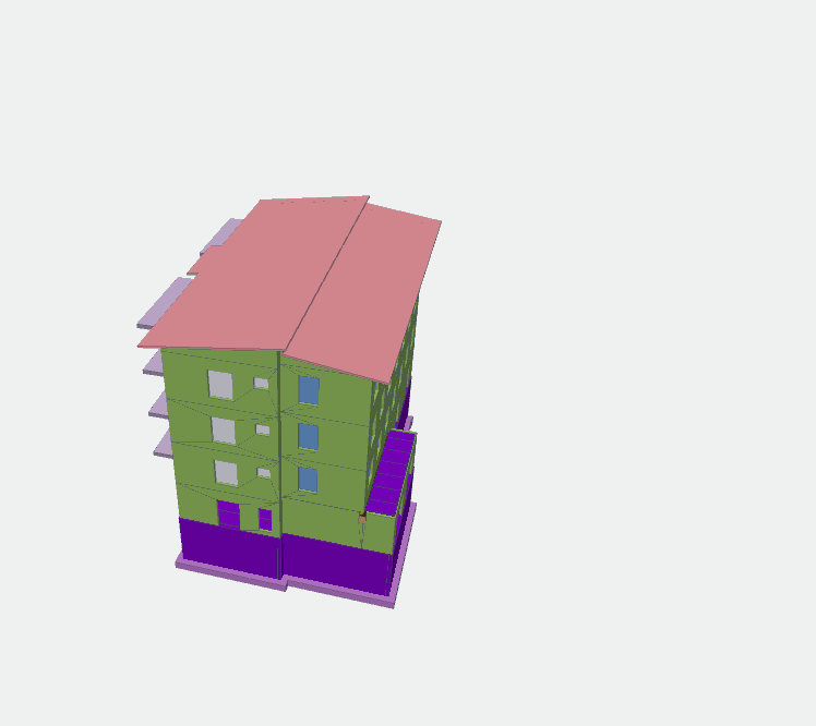 The same structural model drawn in the exporter's own colours: acid green walls, a pink roof and purple footings.
