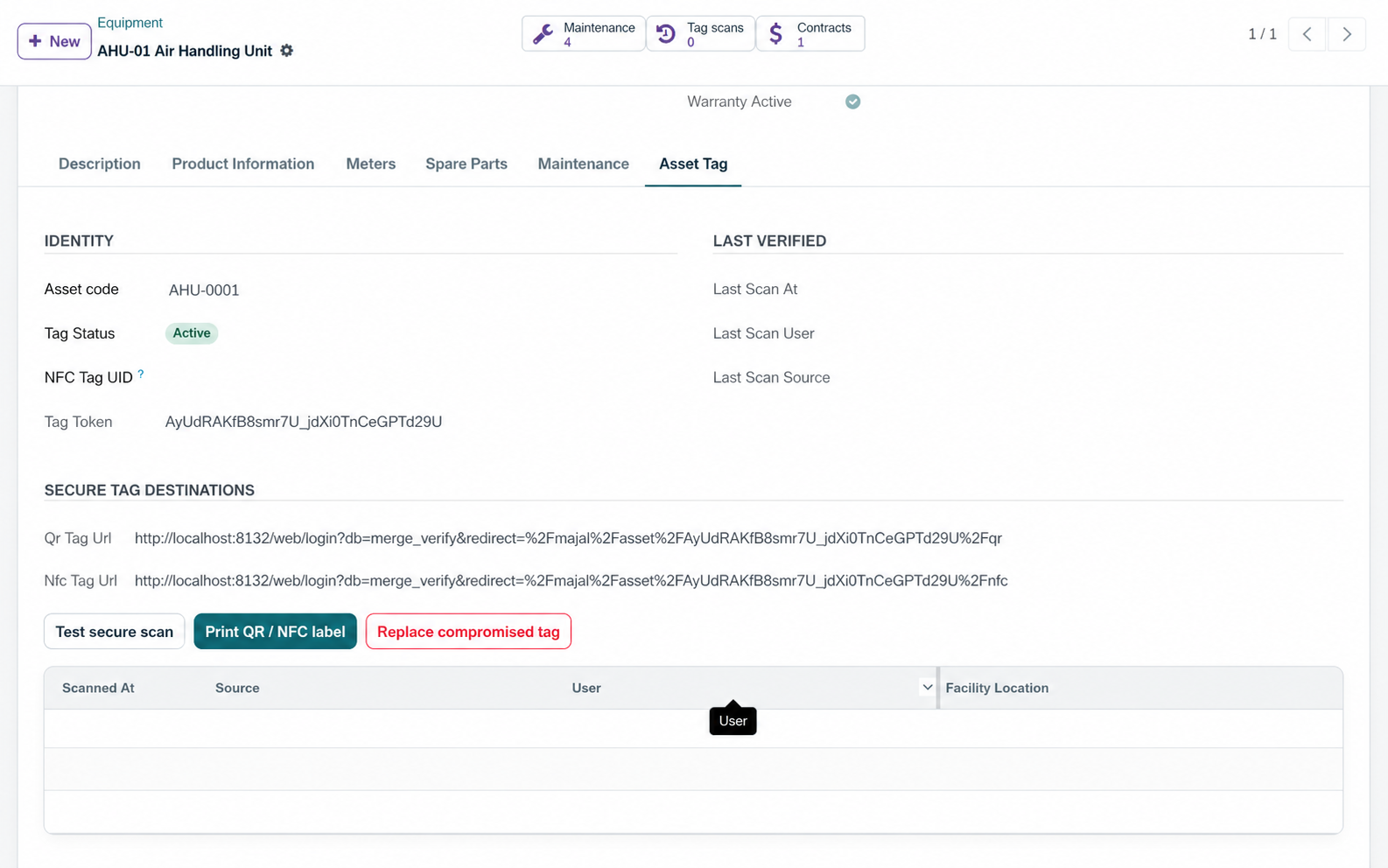The asset landing page reached by scanning a QR or NFC tag, on a phone: the asset code and name, its location in the hierarchy, warranty and open work, and buttons to confirm the scan, start a work order or record a meter reading.
