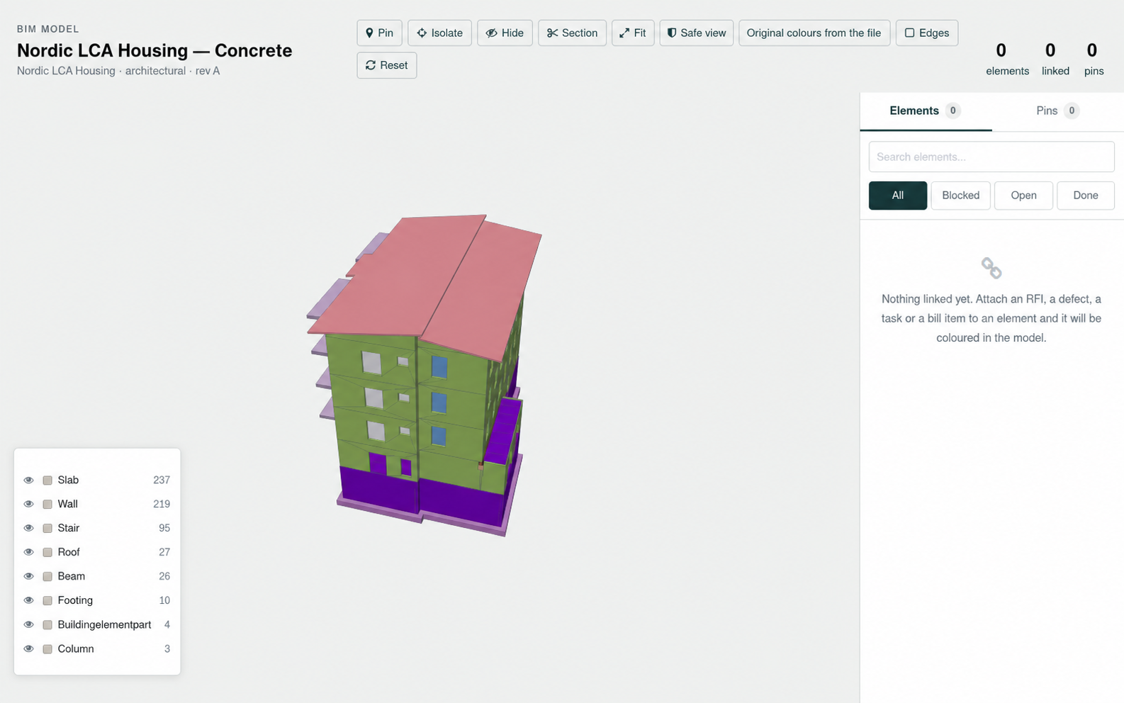 The same IFC model drawn in the colours written into the file by its authoring tool: many saturated hues at once, one per object class, with no single element standing out.
