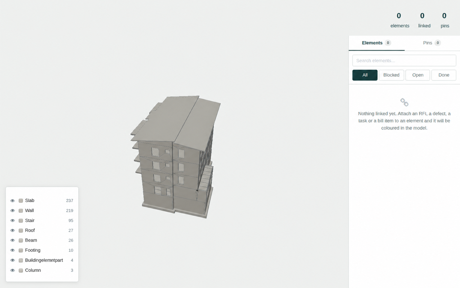 The Majal BIM viewer showing an IFC model shaded in a single neutral material with drawn edges, a storey filter and section-cut controls at the side, and a selected element's IFC properties listed in a panel.