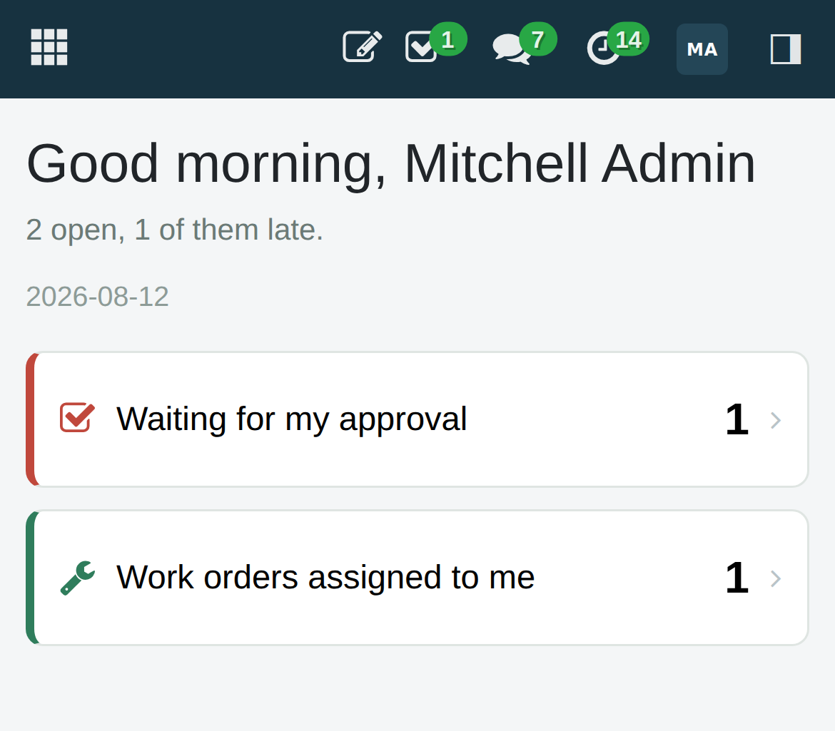 The My Day screen on a phone, showing a prioritised list led by approvals waiting for the user.