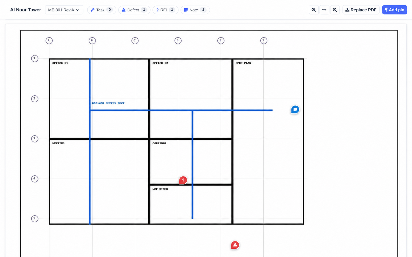 A mechanical drawing sheet in the Majal plan viewer with three colour-coded pins placed at specific points on the plan — a note, an RFI and a defect — each a link into its own record.
